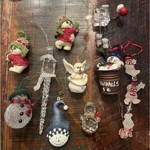 Lot Of 10 Snowmen Christmas Ornaments Vintage Handmade Sports Snowman